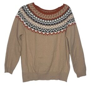 Fair Isle Nordic Yoke Sweater Small Neutral Brown Orange Pullover Winter Cozy